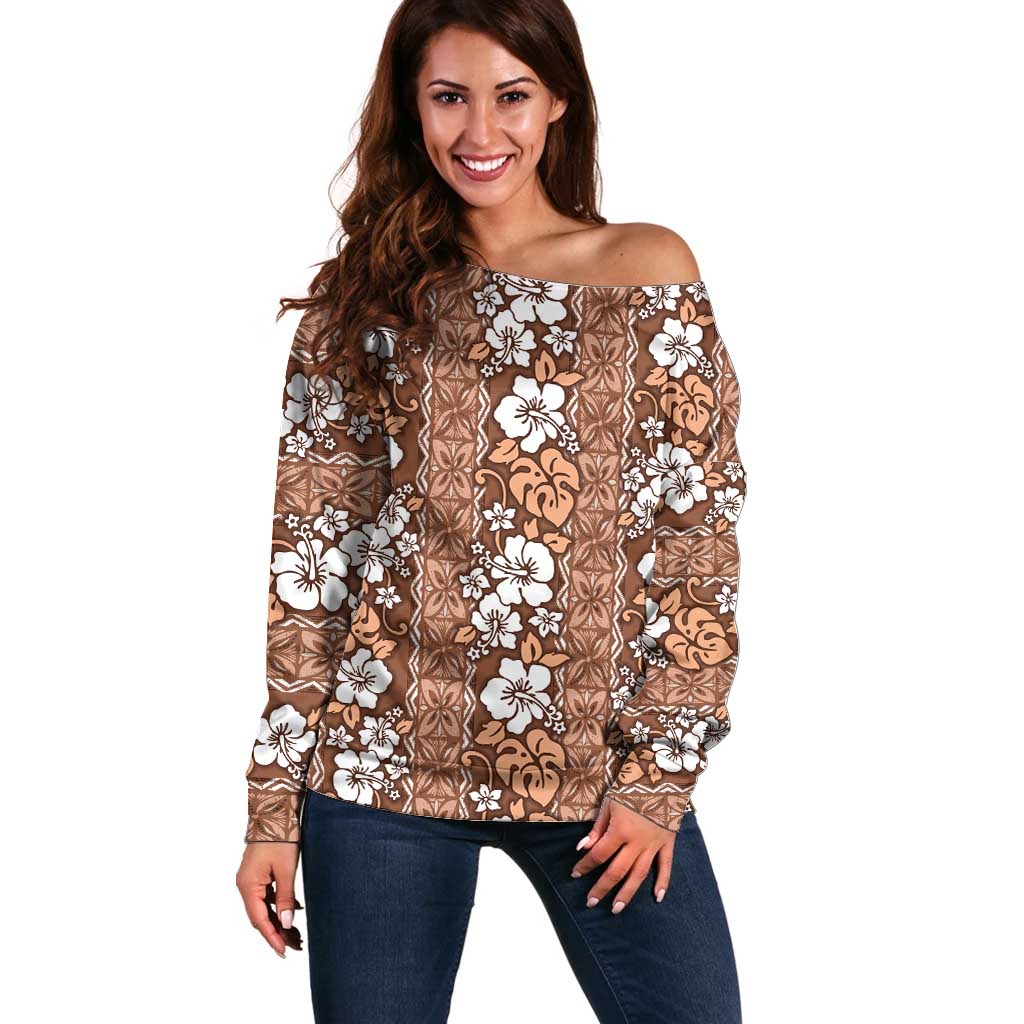 Hawaii Vintage Brown Hibiscus Tapa Pattern Off Shoulder Sweater