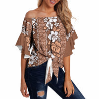 Hawaii Vintage Brown Hibiscus Tapa Pattern Off Shoulder Wrap Waist Top LT05 - Polynesian Pride