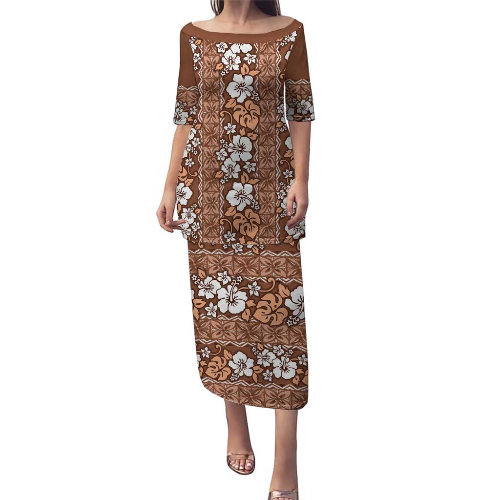 Hawaii Vintage Brown Hibiscus Tapa Pattern Puletasi LT05 Long Dress Brown - Polynesian Pride