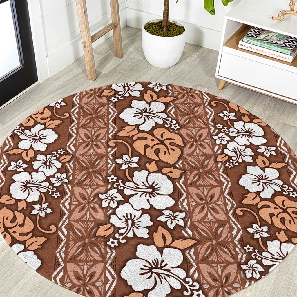 Hawaii Vintage Brown Hibiscus Tapa Pattern Round Carpet