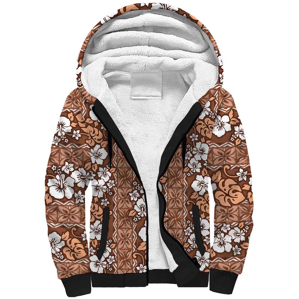 Hawaii Vintage Brown Hibiscus Tapa Pattern Sherpa Hoodie LT05 Unisex Brown - Polynesian Pride