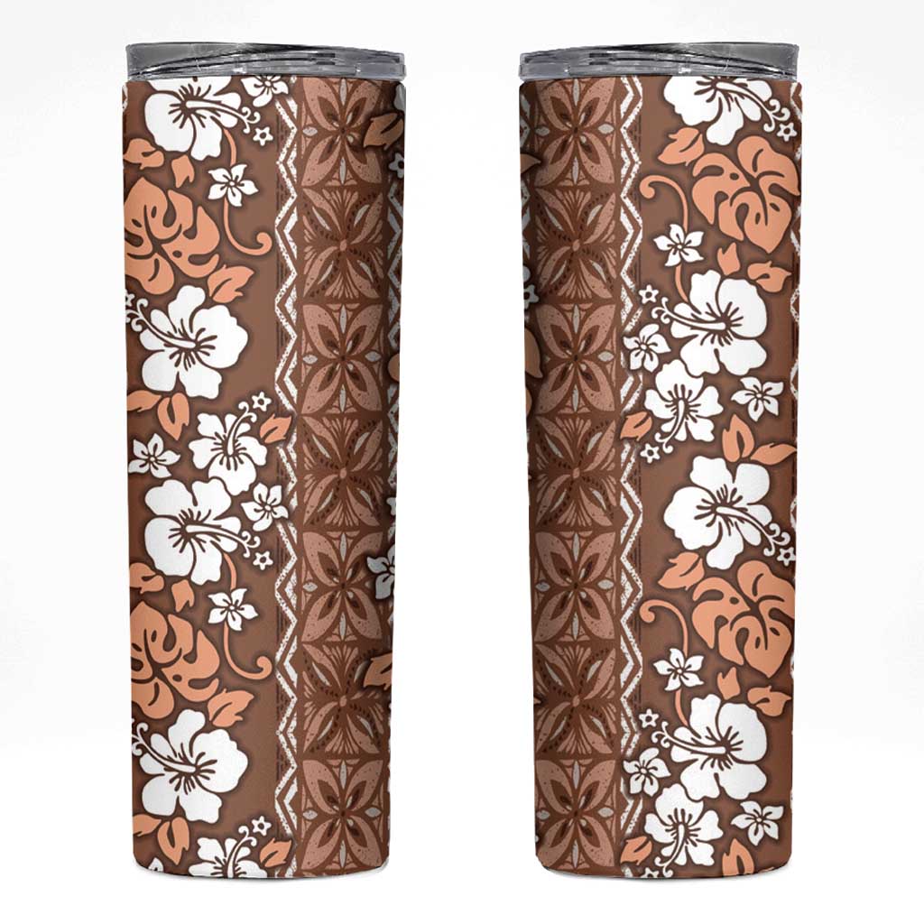 Hawaii Vintage Brown Hibiscus Tapa Pattern Skinny Tumbler