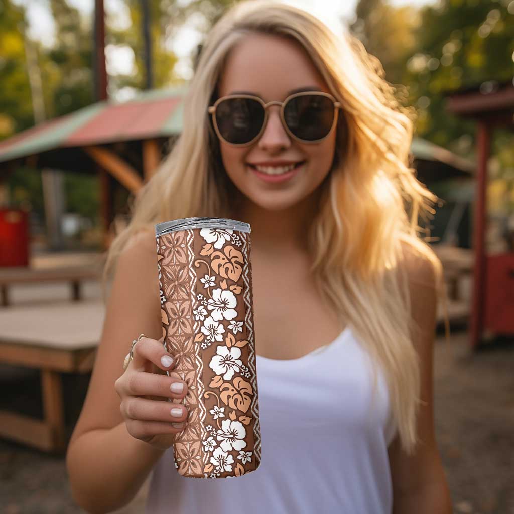 Hawaii Vintage Brown Hibiscus Tapa Pattern Skinny Tumbler