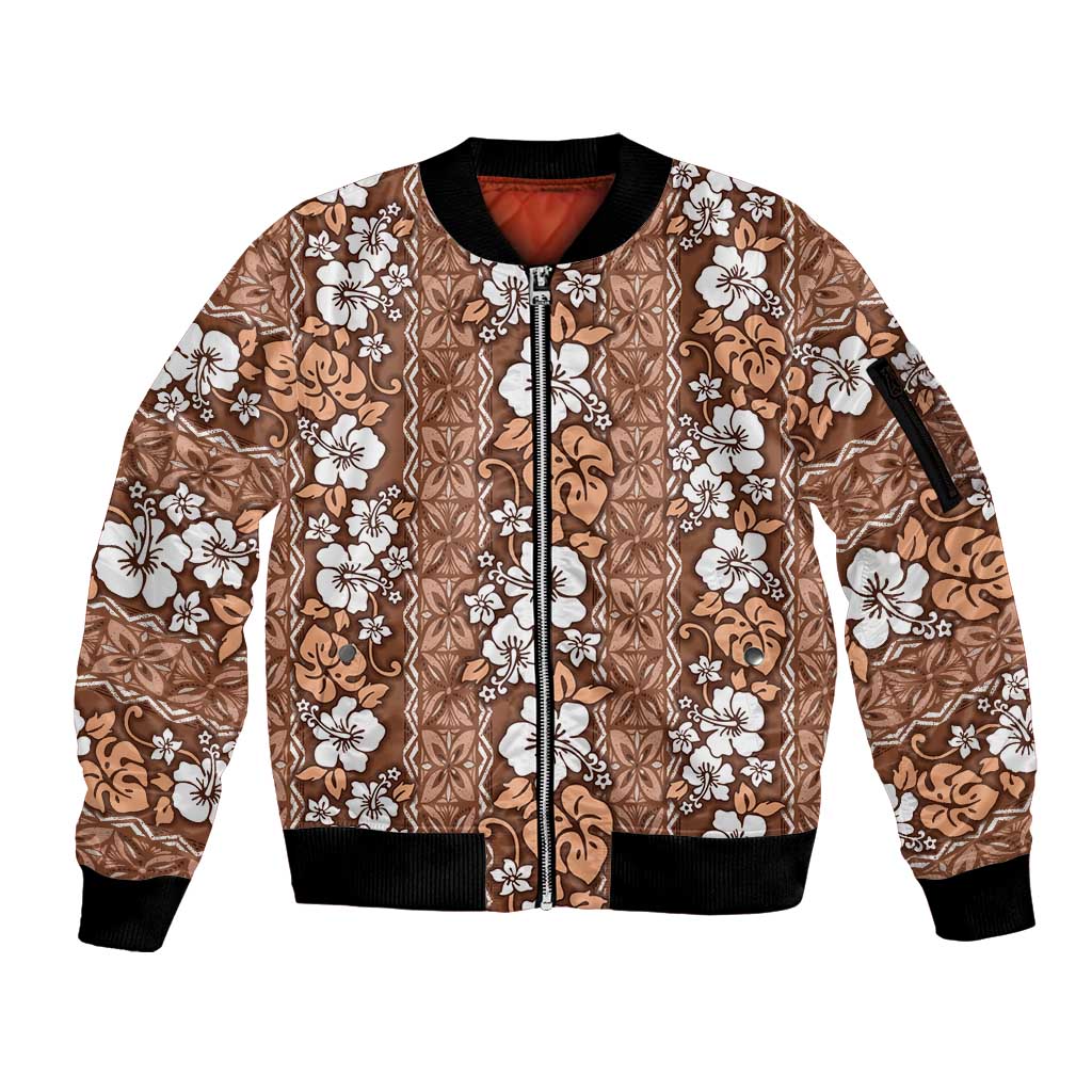 Hawaii Vintage Brown Hibiscus Tapa Pattern Sleeve Zip Bomber Jacket