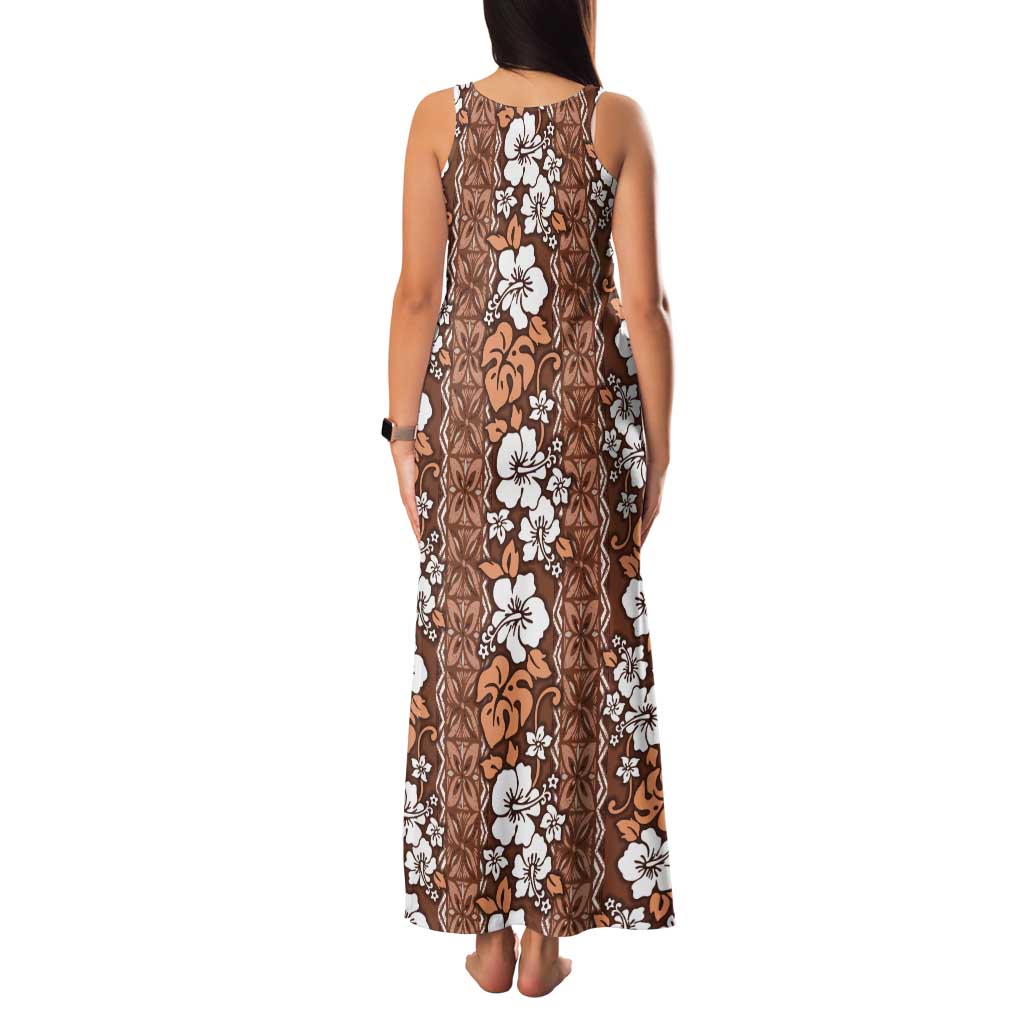 Hawaii Vintage Brown Hibiscus Tapa Pattern Tank Maxi Dress LT05 - Polynesian Pride