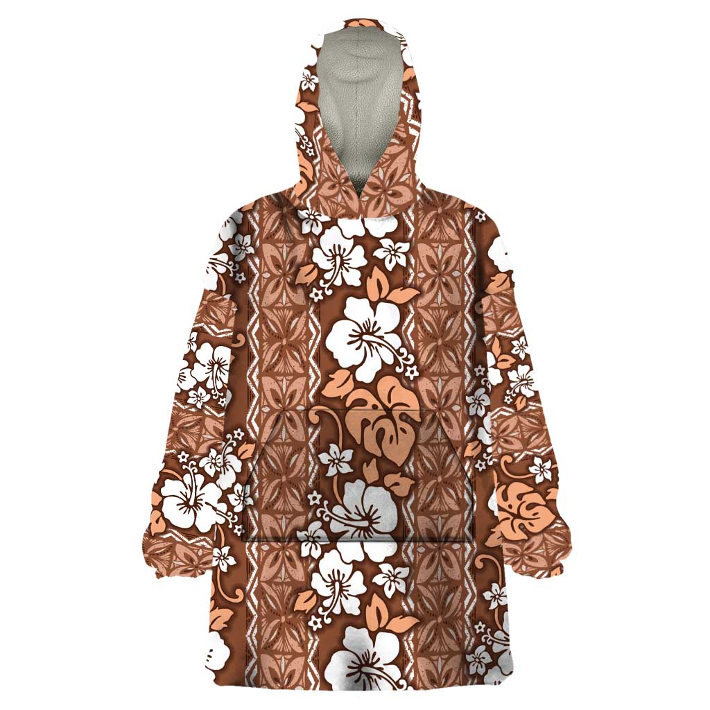 Hawaii Vintage Brown Hibiscus Tapa Pattern Wearable Blanket Hoodie LT05 One Size Brown - Polynesian Pride
