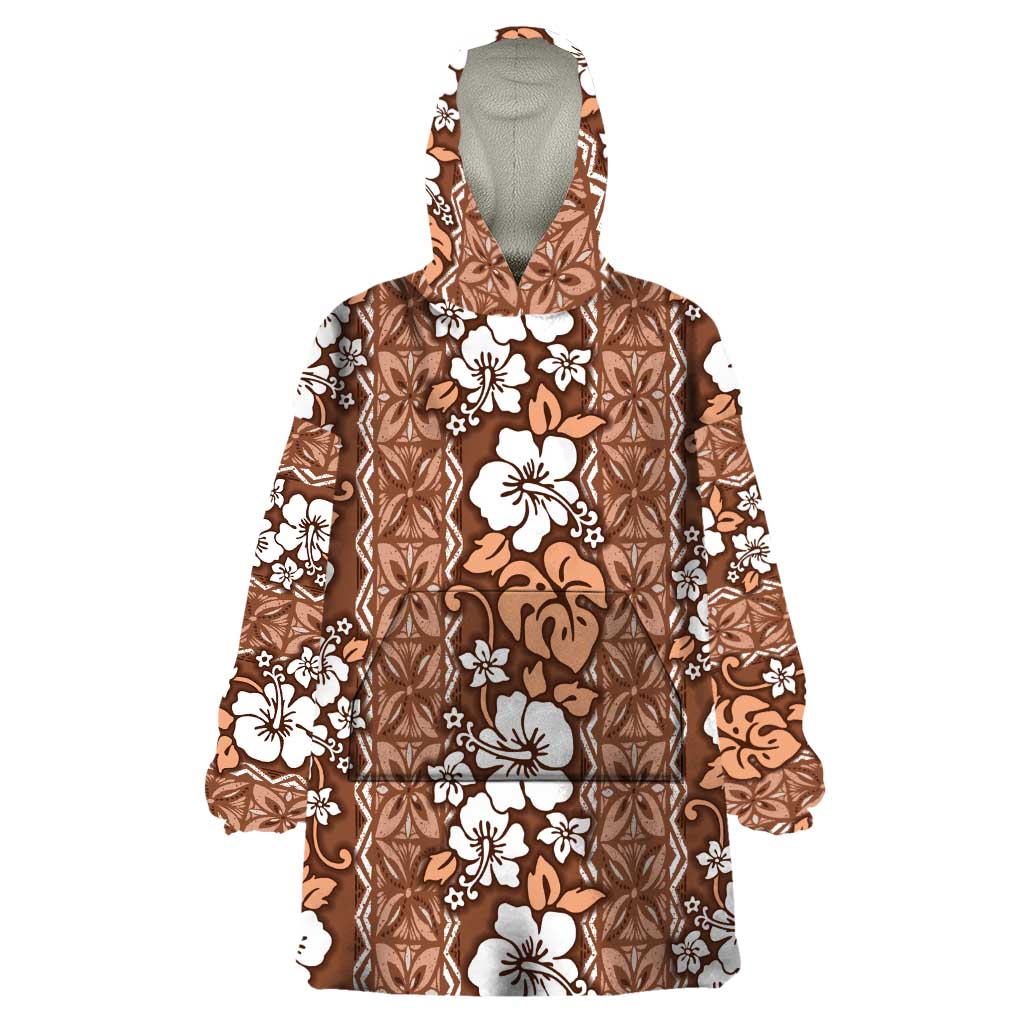 Hawaii Vintage Brown Hibiscus Tapa Pattern Wearable Blanket Hoodie