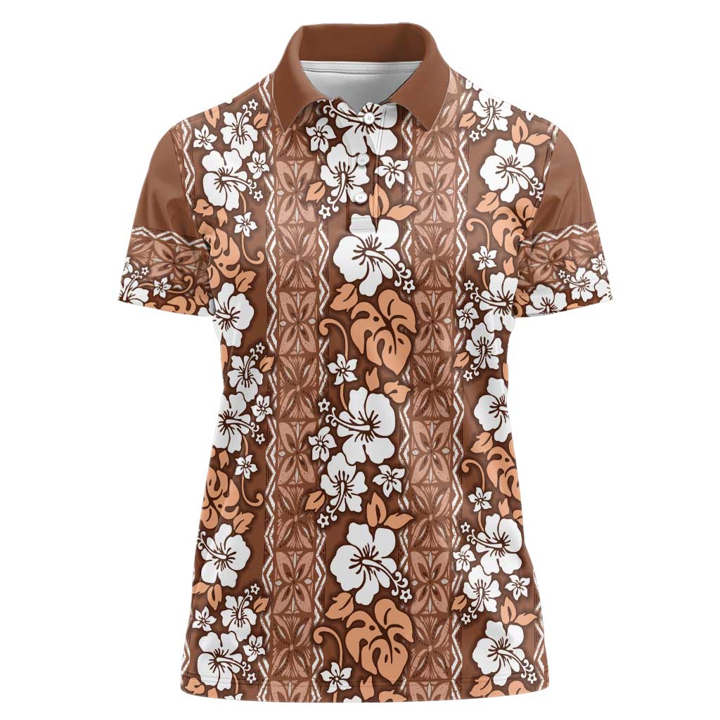 Hawaii Vintage Brown Hibiscus Tapa Pattern Women Polo Shirt