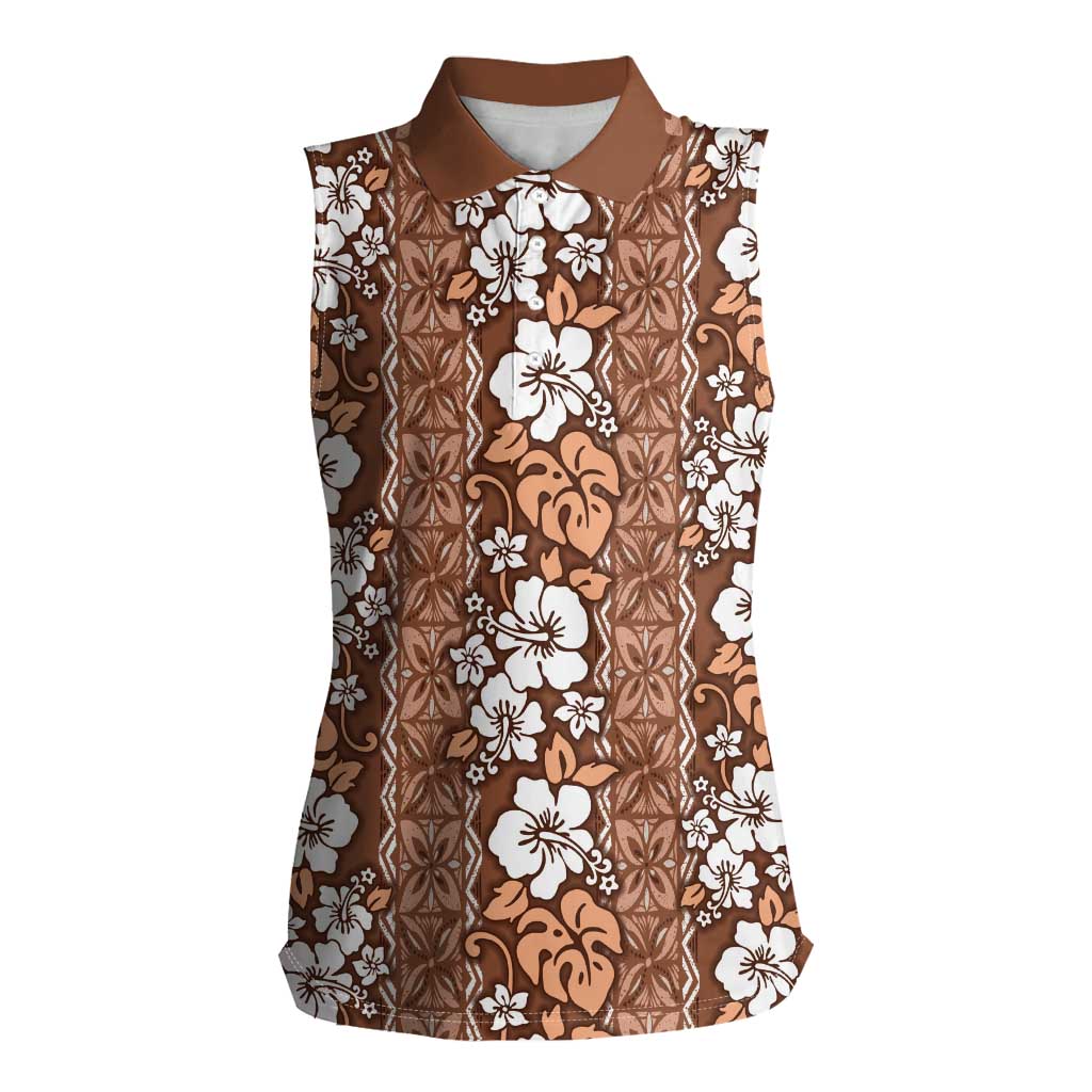 Hawaii Vintage Brown Hibiscus Tapa Pattern Women Sleeveless Polo Shirt