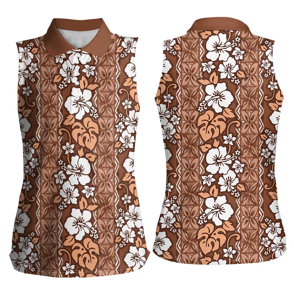 Hawaii Vintage Brown Hibiscus Tapa Pattern Women Sleeveless Polo Shirt