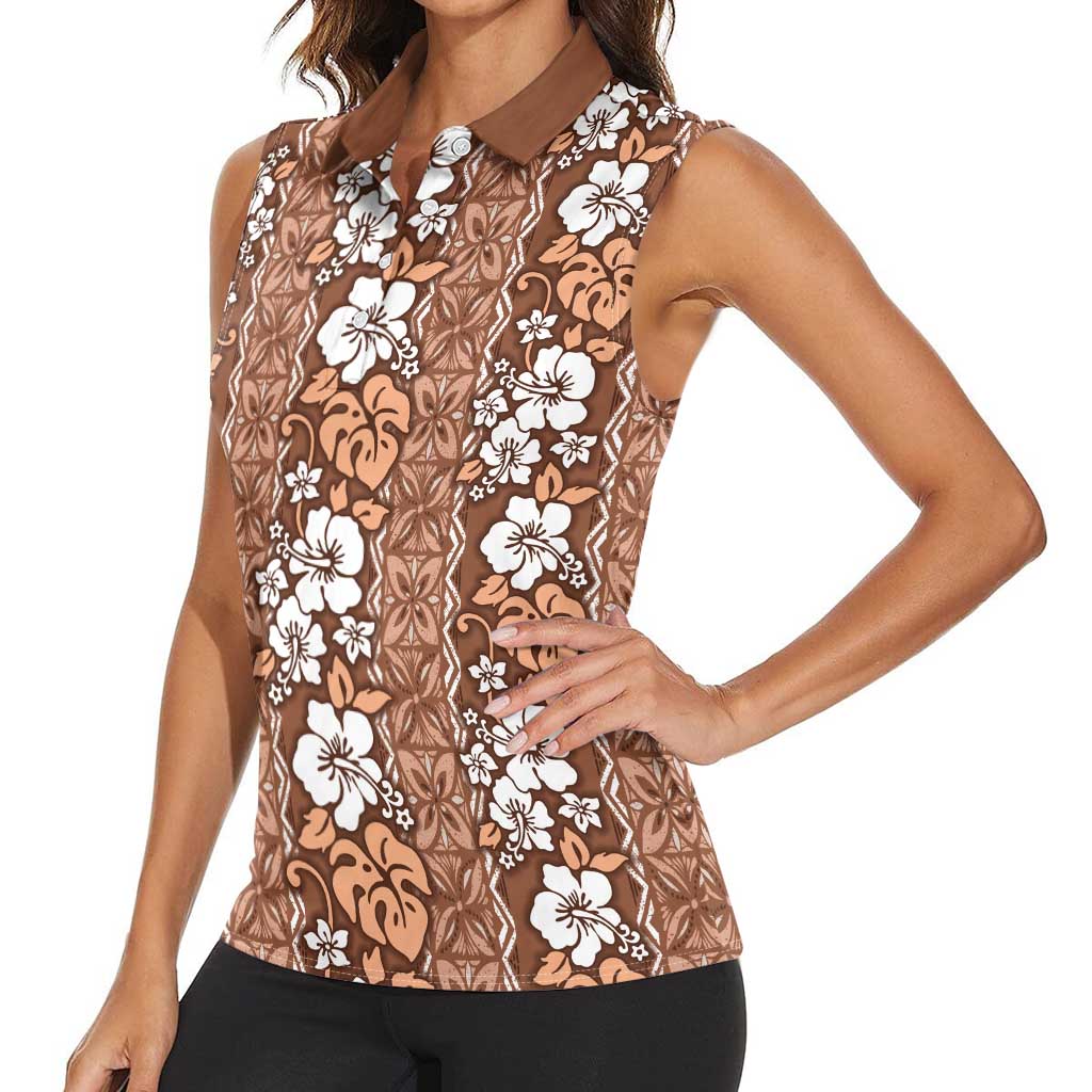 Hawaii Vintage Brown Hibiscus Tapa Pattern Women Sleeveless Polo Shirt