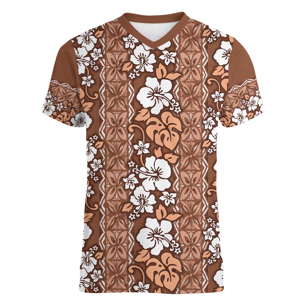 Hawaii Vintage Brown Hibiscus Tapa Pattern Women V-Neck T-Shirt LT05 Female Brown - Polynesian Pride