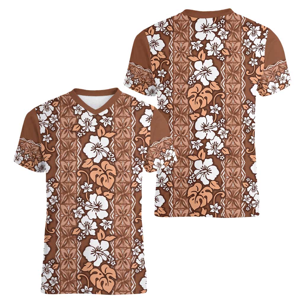 Hawaii Vintage Brown Hibiscus Tapa Pattern Women V-Neck T-Shirt LT05 - Polynesian Pride