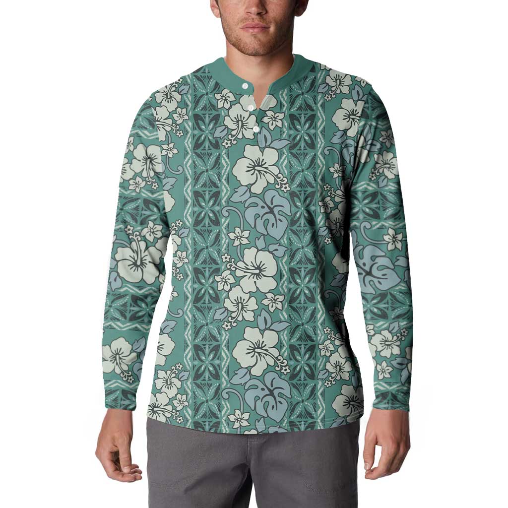 Hawaii Vintage Green Hibiscus Tapa Pattern Button Sweatshirt LT05 - Polynesian Pride