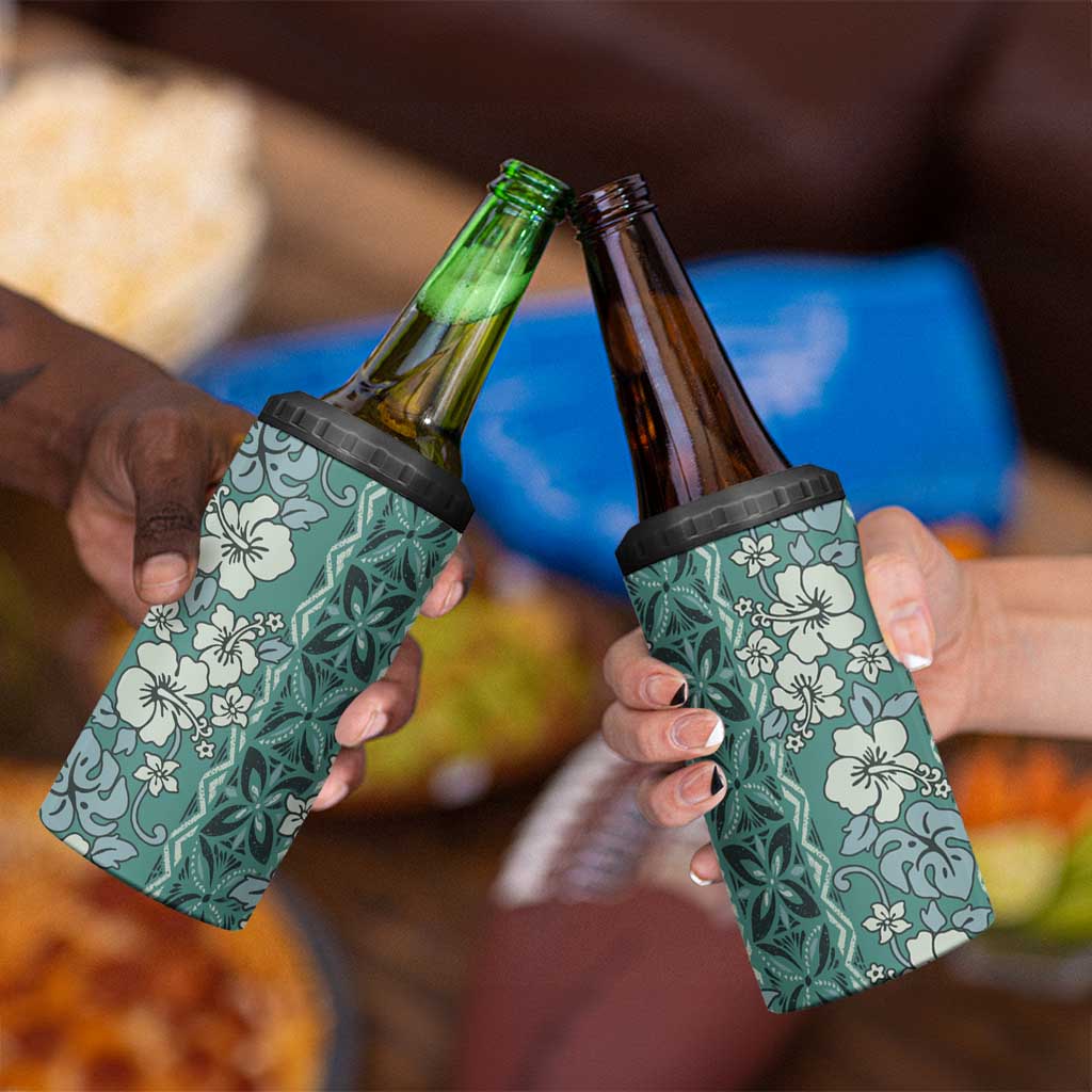 Hawaii Vintage Green Hibiscus Tapa Pattern 4 in 1 Can Cooler Tumbler