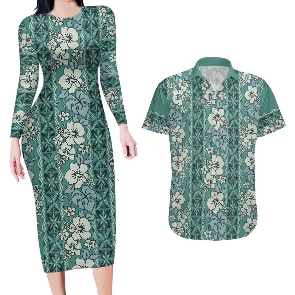 Hawaii Vintage Green Hibiscus Tapa Pattern Couples Matching Long Sleeve Bodycon Dress and Hawaiian Shirt