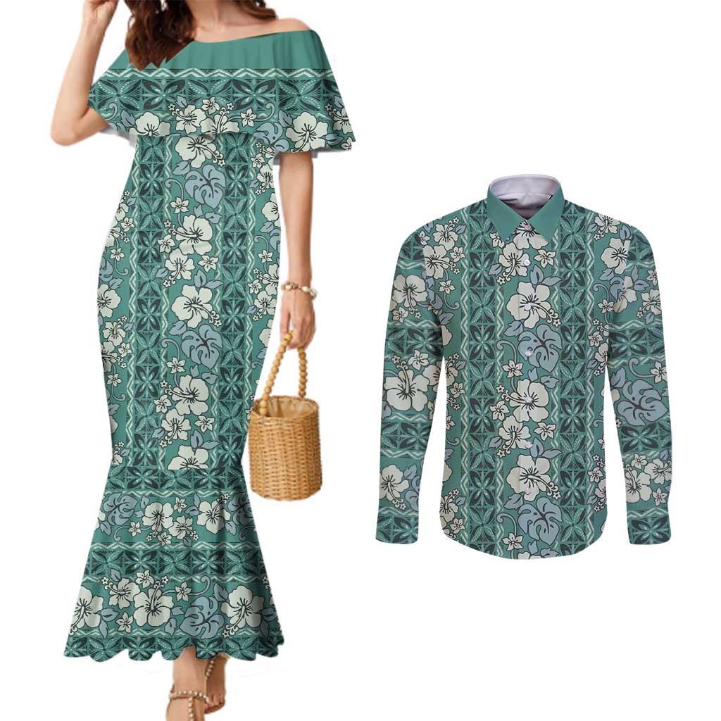 Hawaii Vintage Green Hibiscus Tapa Pattern Couples Matching Mermaid Dress and Long Sleeve Button Shirt LT05 Green - Polynesian Pride