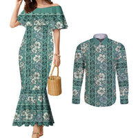 Hawaii Vintage Green Hibiscus Tapa Pattern Couples Matching Mermaid Dress and Long Sleeve Button Shirt LT05 Green - Polynesian Pride