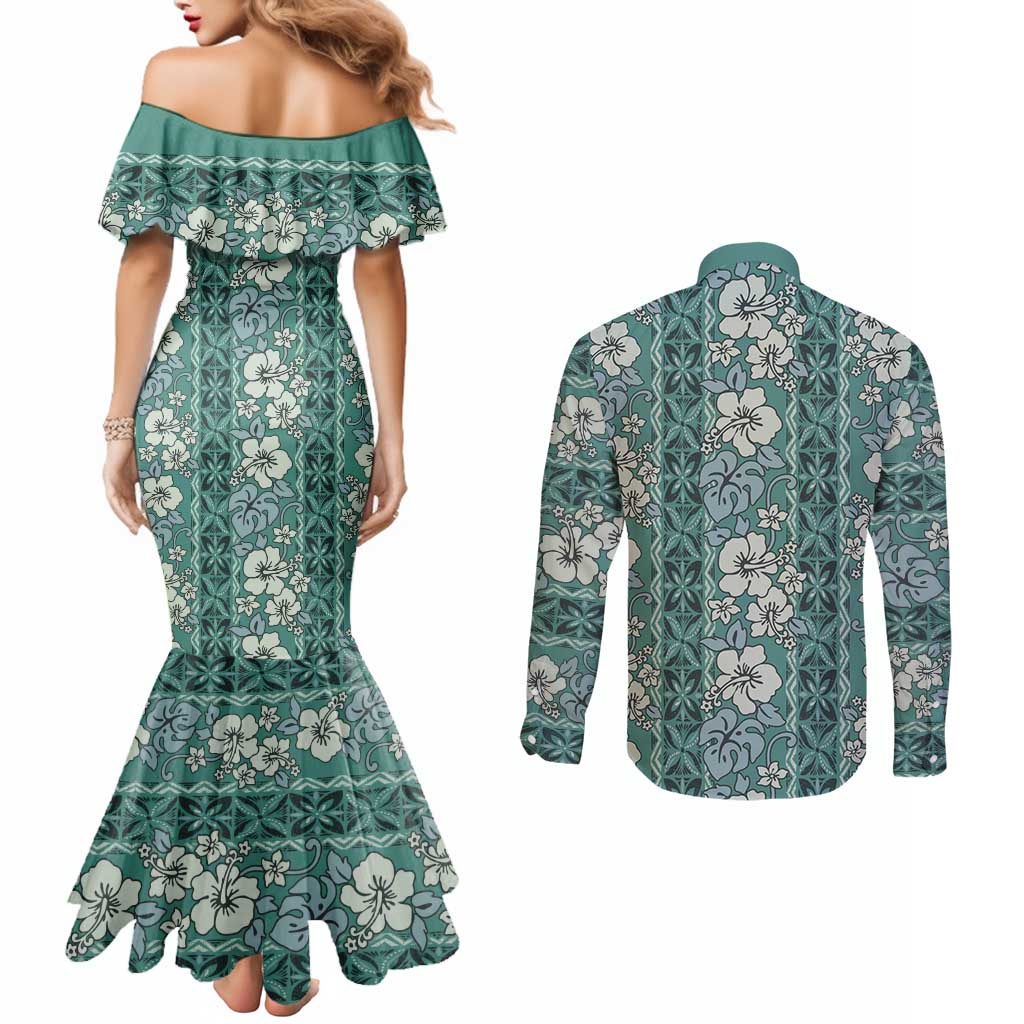 Hawaii Vintage Green Hibiscus Tapa Pattern Couples Matching Mermaid Dress and Long Sleeve Button Shirt LT05 - Polynesian Pride