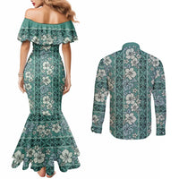 Hawaii Vintage Green Hibiscus Tapa Pattern Couples Matching Mermaid Dress and Long Sleeve Button Shirt LT05 - Polynesian Pride