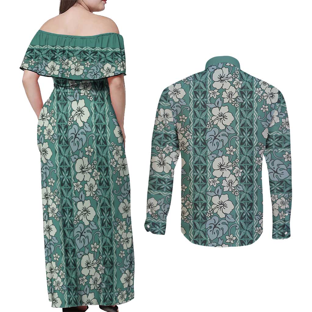 Hawaii Vintage Green Hibiscus Tapa Pattern Couples Matching Off Shoulder Maxi Dress and Long Sleeve Button Shirt LT05 - Polynesian Pride