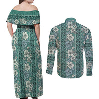 Hawaii Vintage Green Hibiscus Tapa Pattern Couples Matching Off Shoulder Maxi Dress and Long Sleeve Button Shirt LT05 - Polynesian Pride