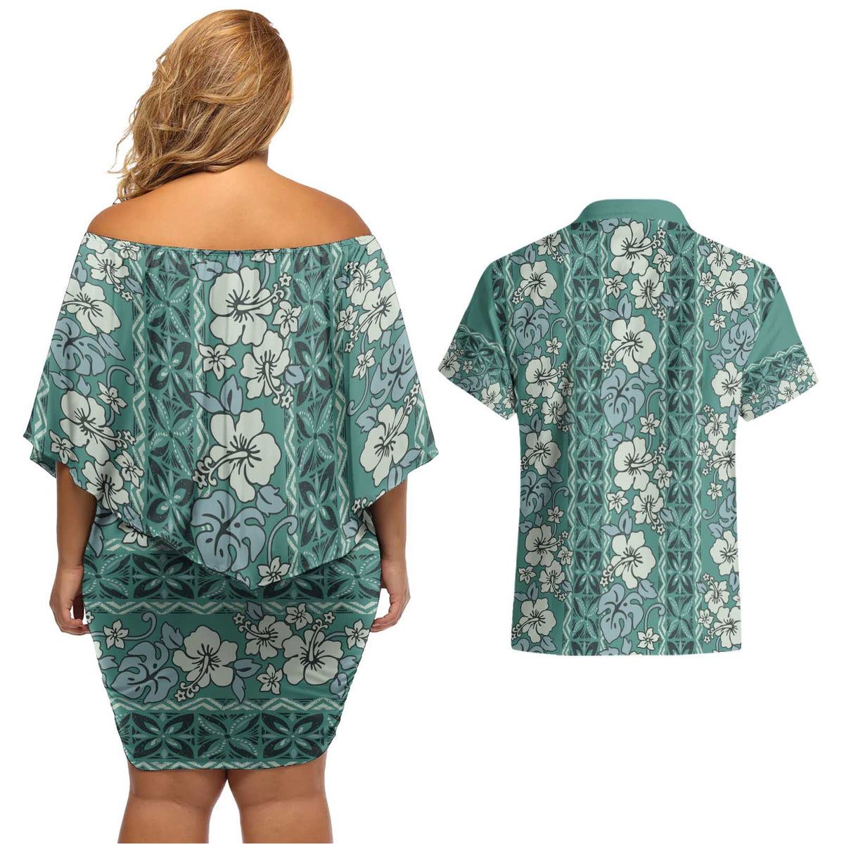 Hawaii Vintage Green Hibiscus Tapa Pattern Couples Matching Off Shoulder Short Dress and Hawaiian Shirt LT05 - Polynesian Pride
