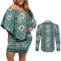Hawaii Vintage Green Hibiscus Tapa Pattern Couples Matching Off Shoulder Short Dress and Long Sleeve Button Shirt LT05 Green - Polynesian Pride
