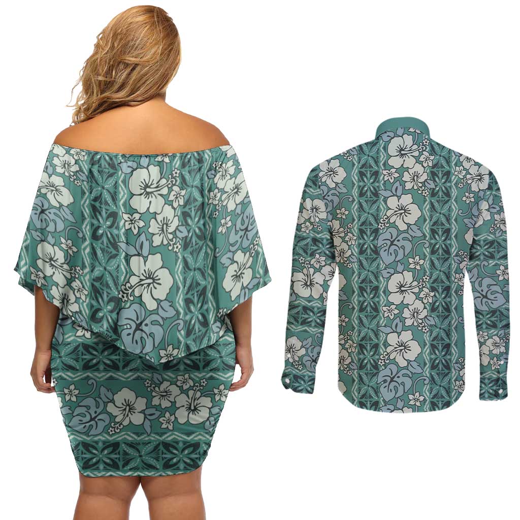 Hawaii Vintage Green Hibiscus Tapa Pattern Couples Matching Off Shoulder Short Dress and Long Sleeve Button Shirt LT05 - Polynesian Pride