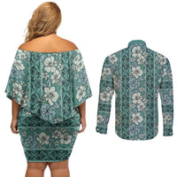 Hawaii Vintage Green Hibiscus Tapa Pattern Couples Matching Off Shoulder Short Dress and Long Sleeve Button Shirt LT05 - Polynesian Pride