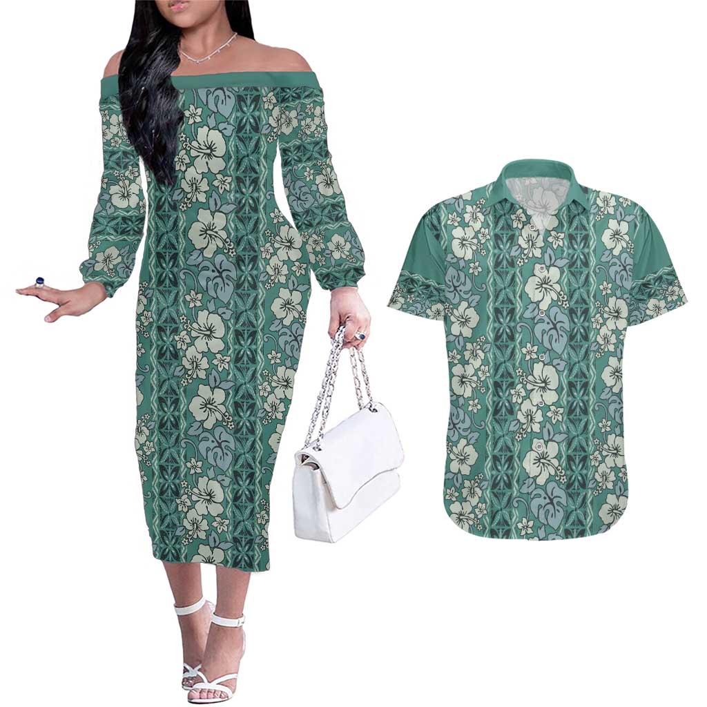 Hawaii Vintage Green Hibiscus Tapa Pattern Couples Matching Off The Shoulder Long Sleeve Dress and Hawaiian Shirt LT05 Green - Polynesian Pride