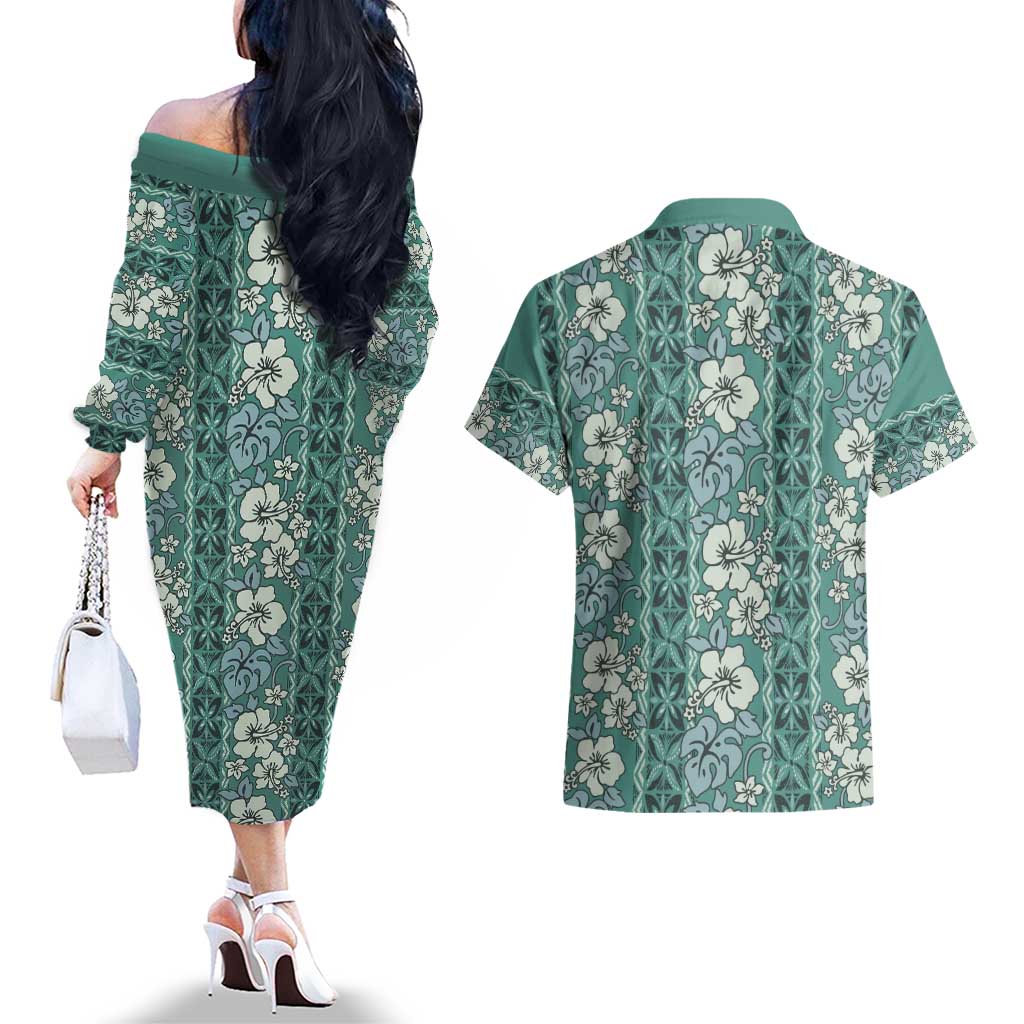 Hawaii Vintage Green Hibiscus Tapa Pattern Couples Matching Off The Shoulder Long Sleeve Dress and Hawaiian Shirt LT05 - Polynesian Pride