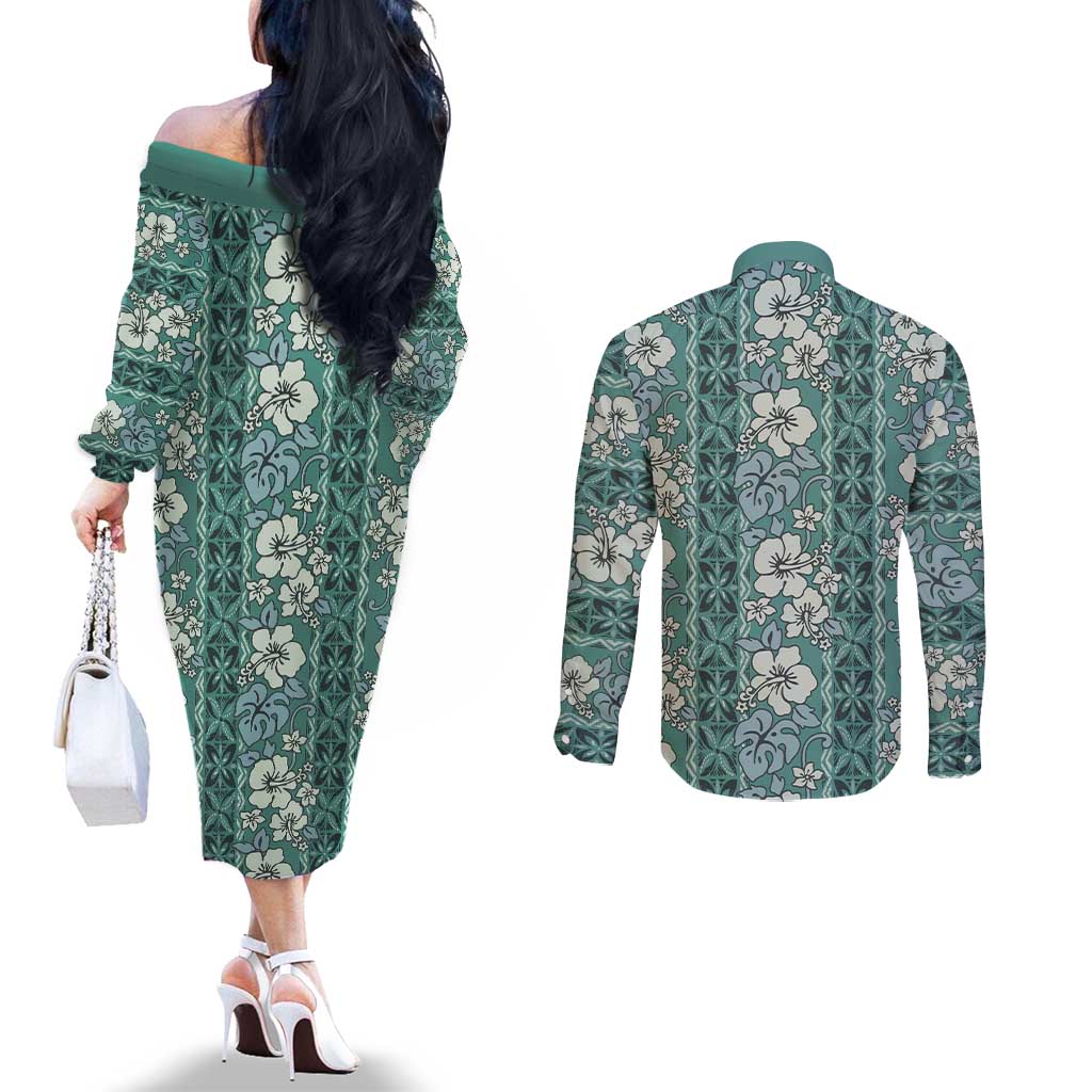 Hawaii Vintage Green Hibiscus Tapa Pattern Couples Matching Off The Shoulder Long Sleeve Dress and Long Sleeve Button Shirt LT05 - Polynesian Pride