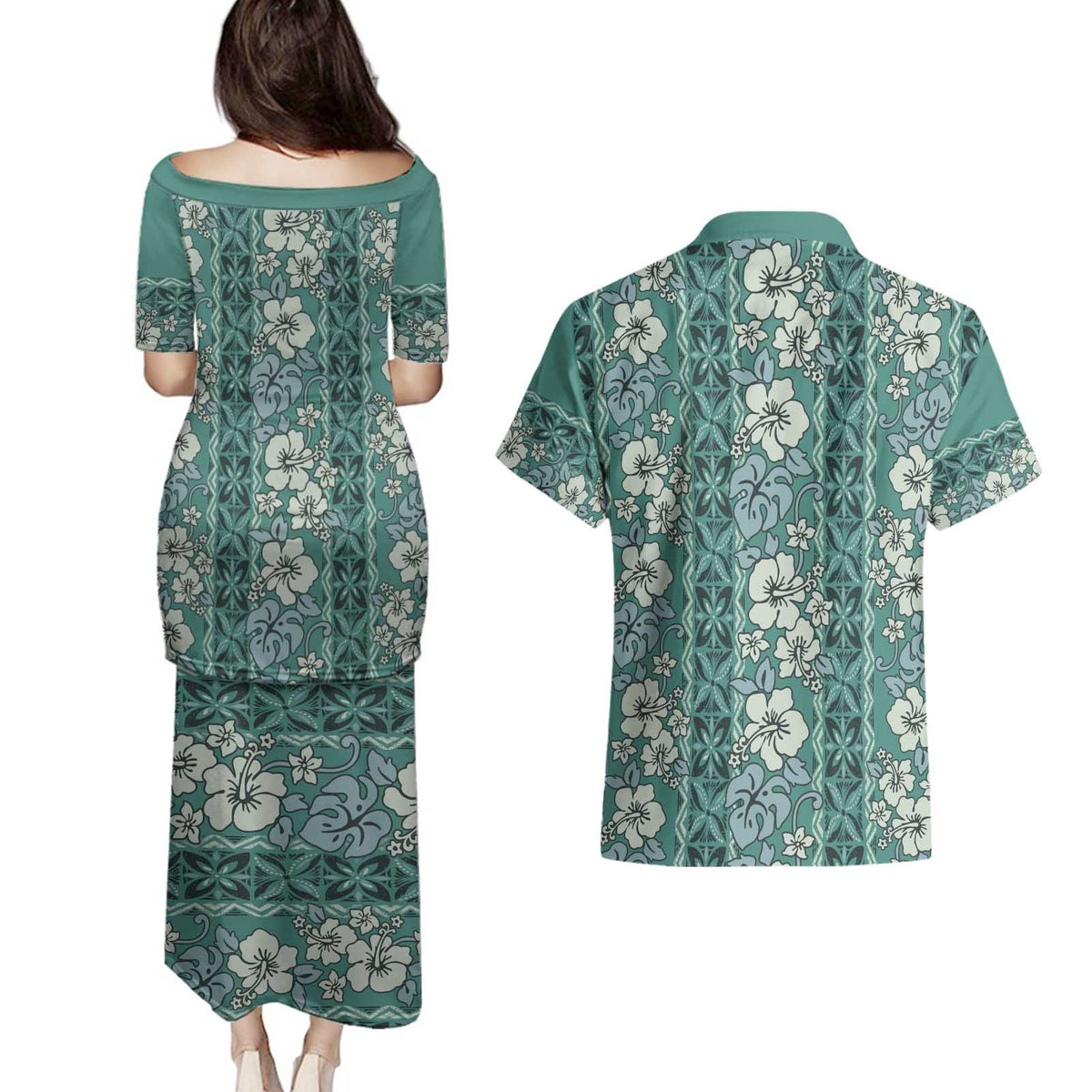 Hawaii Vintage Green Hibiscus Tapa Pattern Couples Matching Puletasi and Hawaiian Shirt LT05 - Polynesian Pride