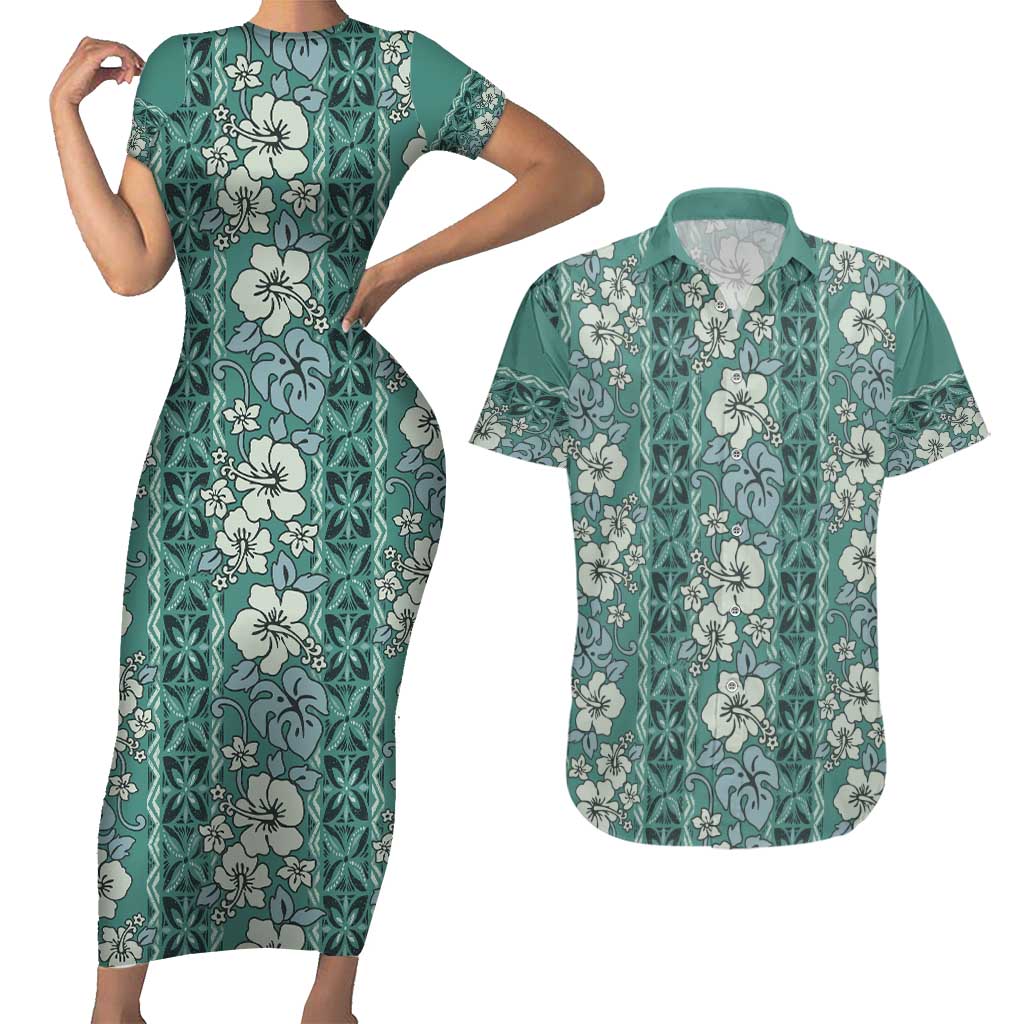 Hawaii Vintage Green Hibiscus Tapa Pattern Couples Matching Short Sleeve Bodycon Dress and Hawaiian Shirt