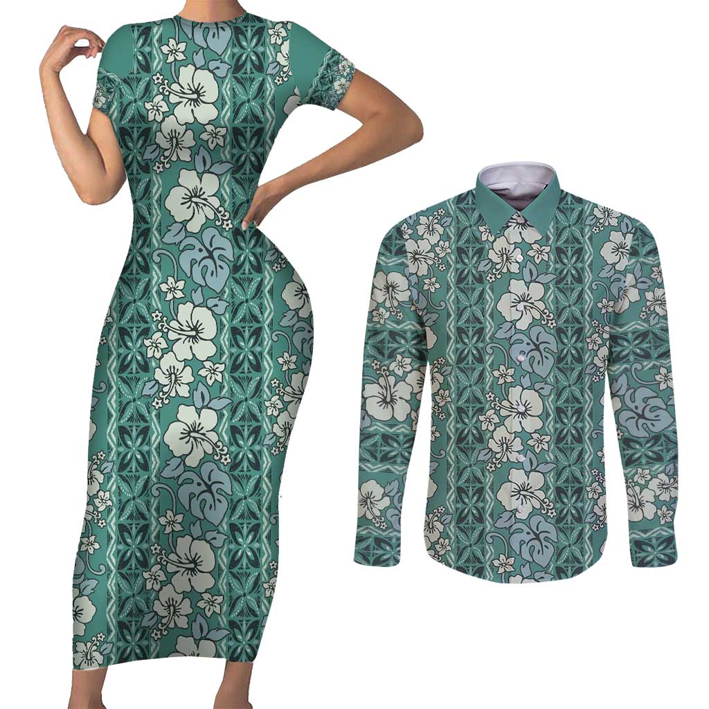 Hawaii Vintage Green Hibiscus Tapa Pattern Couples Matching Short Sleeve Bodycon Dress and Long Sleeve Button Shirt LT05 Green - Polynesian Pride