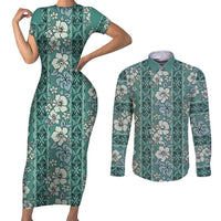 Hawaii Vintage Green Hibiscus Tapa Pattern Couples Matching Short Sleeve Bodycon Dress and Long Sleeve Button Shirt LT05 Green - Polynesian Pride