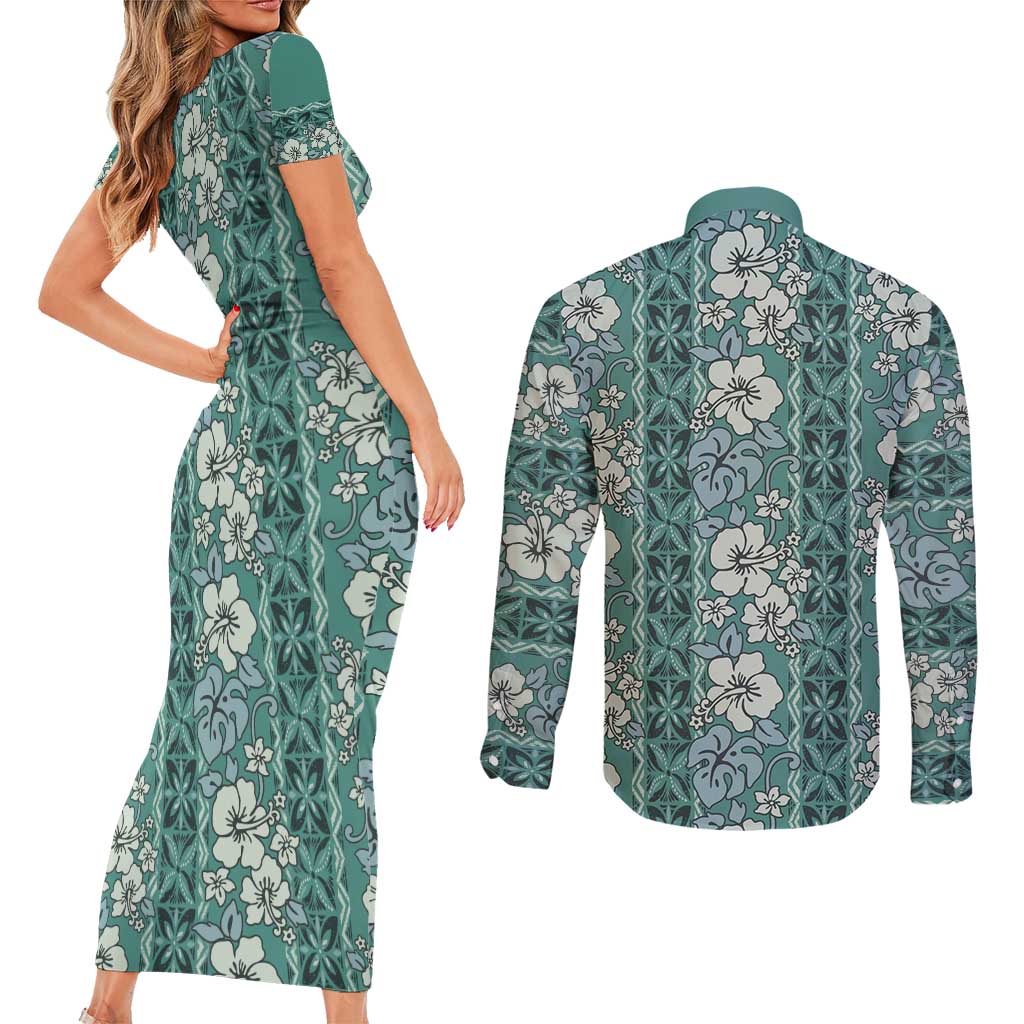 Hawaii Vintage Green Hibiscus Tapa Pattern Couples Matching Short Sleeve Bodycon Dress and Long Sleeve Button Shirt LT05 - Polynesian Pride