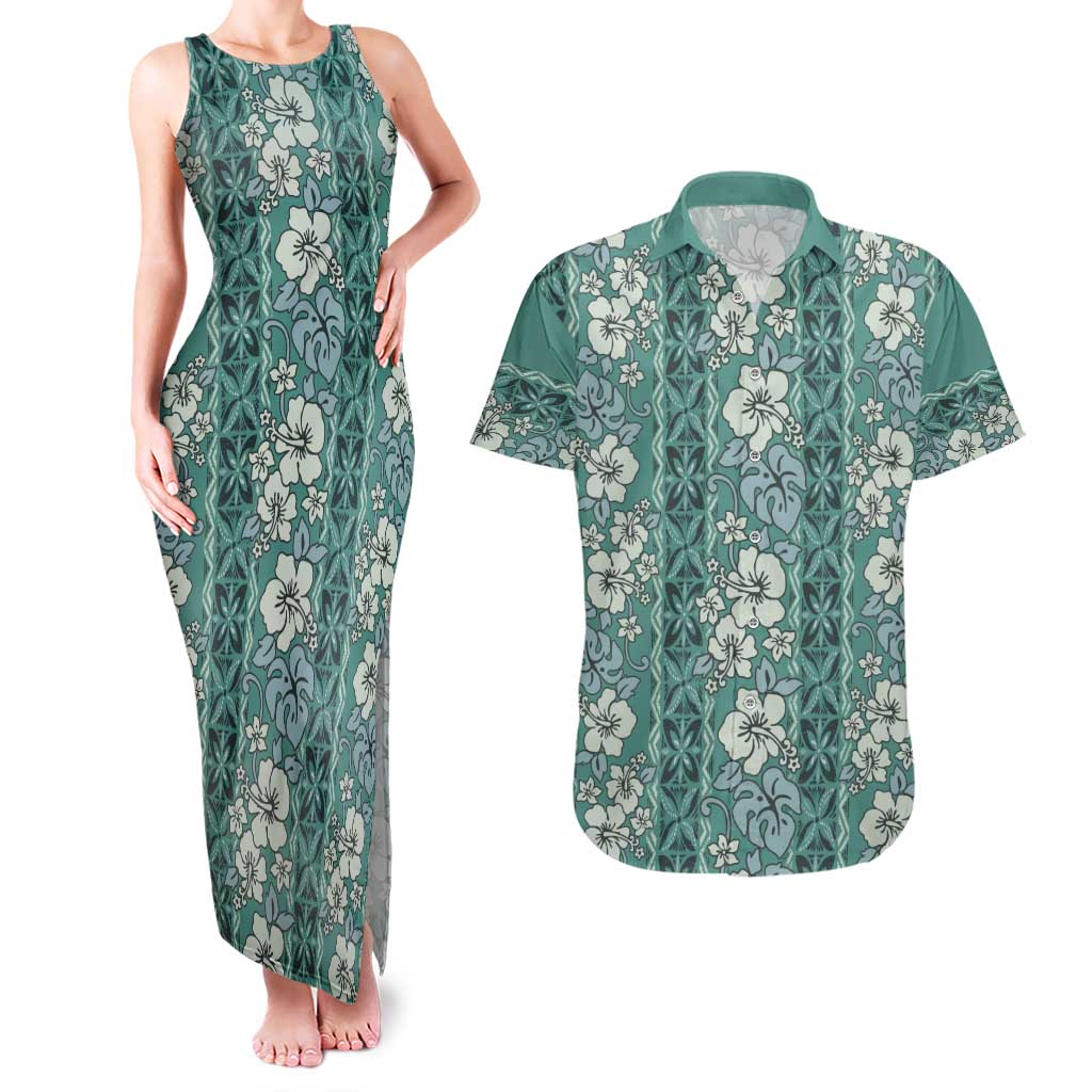 Hawaii Vintage Green Hibiscus Tapa Pattern Couples Matching Tank Maxi Dress and Hawaiian Shirt LT05 Green - Polynesian Pride