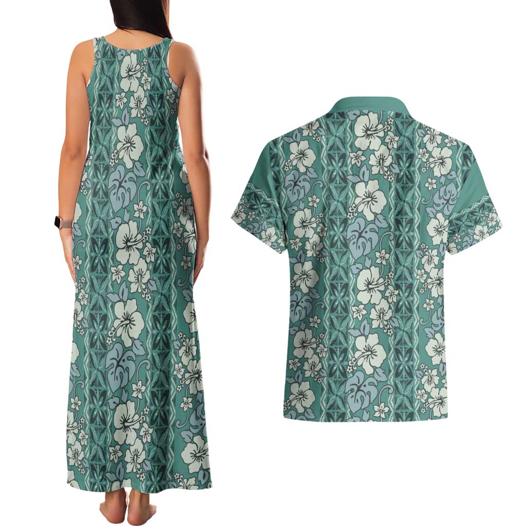 Hawaii Vintage Green Hibiscus Tapa Pattern Couples Matching Tank Maxi Dress and Hawaiian Shirt LT05 - Polynesian Pride