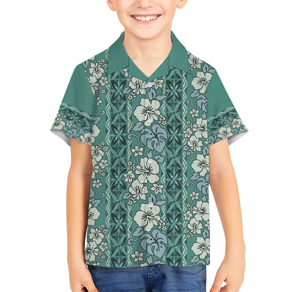 Hawaii Vintage Green Hibiscus Tapa Pattern Family Matching Long Sleeve Bodycon Dress and Hawaiian Shirt