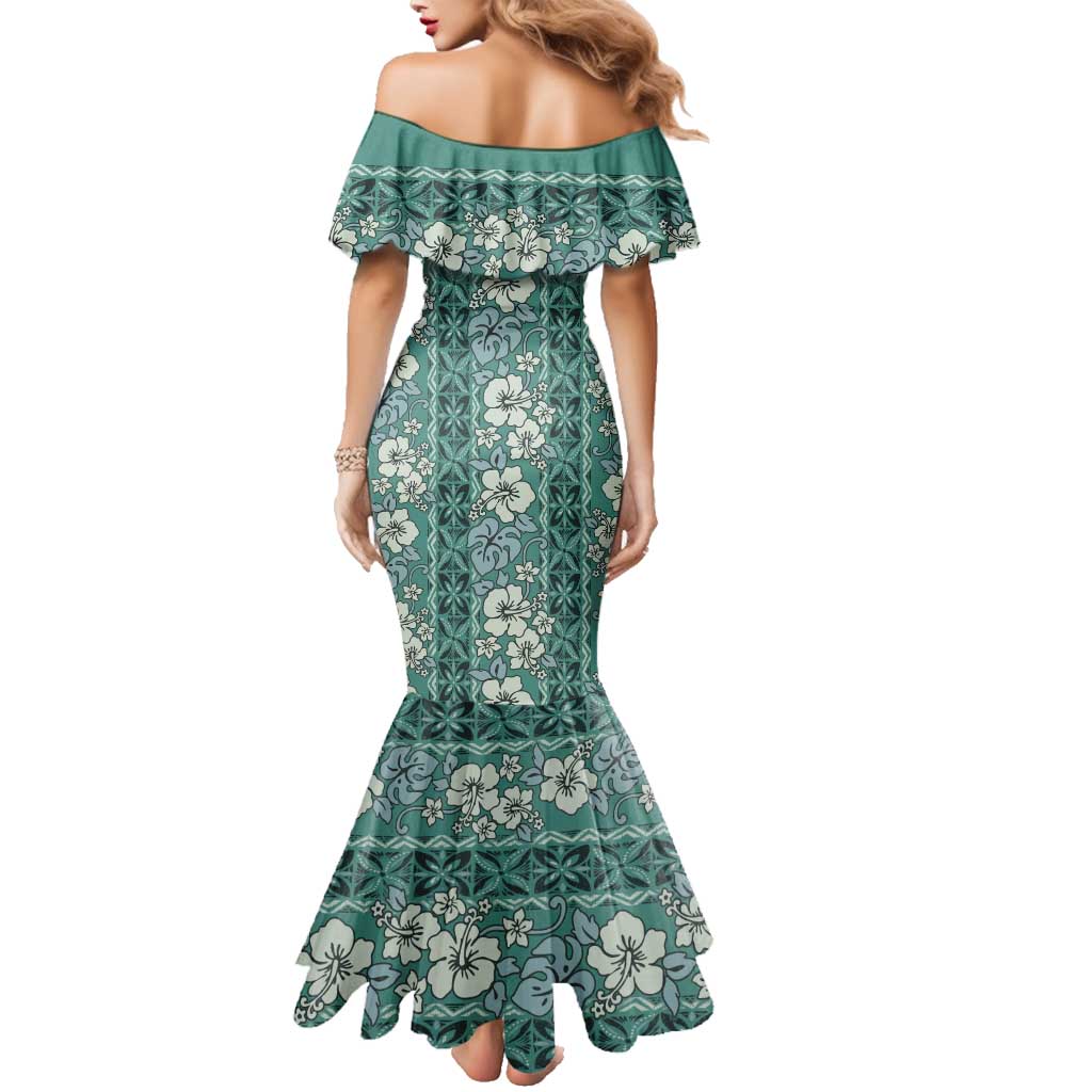 Hawaii Vintage Green Hibiscus Tapa Pattern Family Matching Mermaid Dress and Hawaiian Shirt