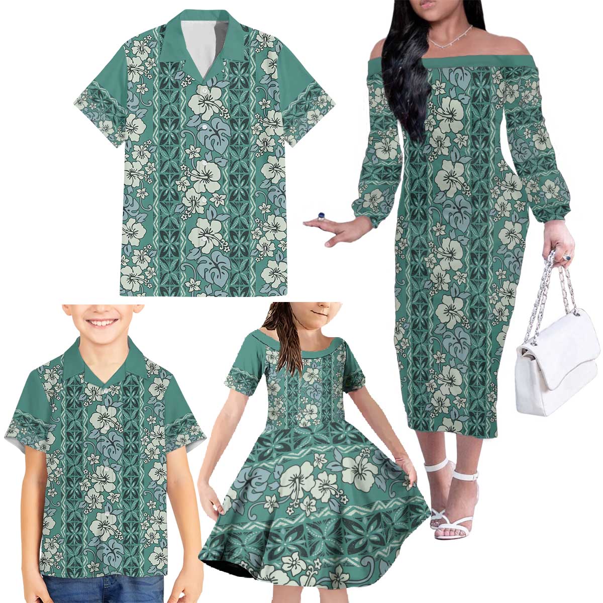 Hawaii Vintage Green Hibiscus Tapa Pattern Family Matching Off The Shoulder Long Sleeve Dress and Hawaiian Shirt