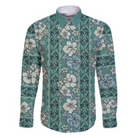 Hawaii Vintage Green Hibiscus Tapa Pattern Family Matching Off The Shoulder Long Sleeve Dress and Hawaiian Shirt