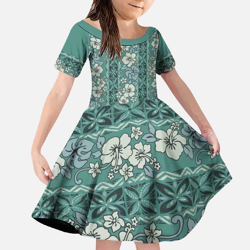 Hawaii Vintage Green Hibiscus Tapa Pattern Family Matching Off Shoulder Maxi Dress and Hawaiian Shirt LT05 Daughter's Dress Green - Polynesian Pride