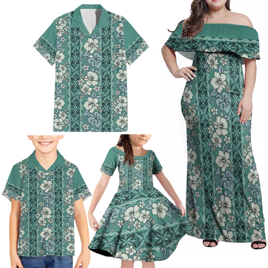 Hawaii Vintage Green Hibiscus Tapa Pattern Family Matching Off Shoulder Maxi Dress and Hawaiian Shirt LT05 - Polynesian Pride
