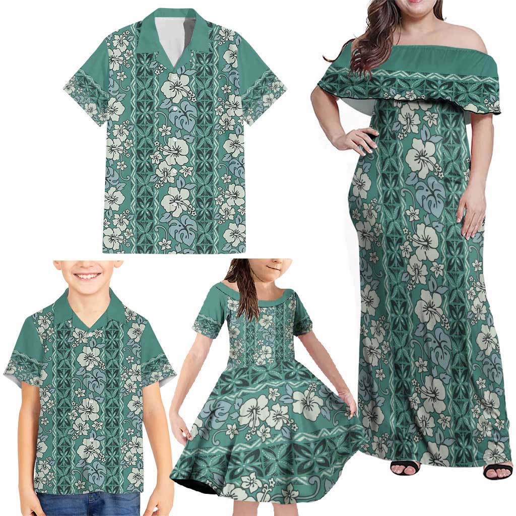 Hawaii Vintage Green Hibiscus Tapa Pattern Family Matching Off Shoulder Maxi Dress and Hawaiian Shirt