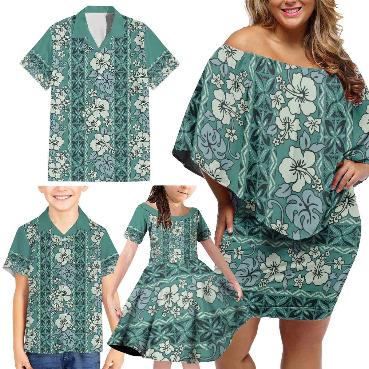 Hawaii Vintage Green Hibiscus Tapa Pattern Family Matching Off Shoulder Short Dress and Hawaiian Shirt