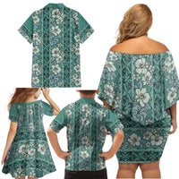 Hawaii Vintage Green Hibiscus Tapa Pattern Family Matching Off Shoulder Short Dress and Hawaiian Shirt LT05 - Polynesian Pride