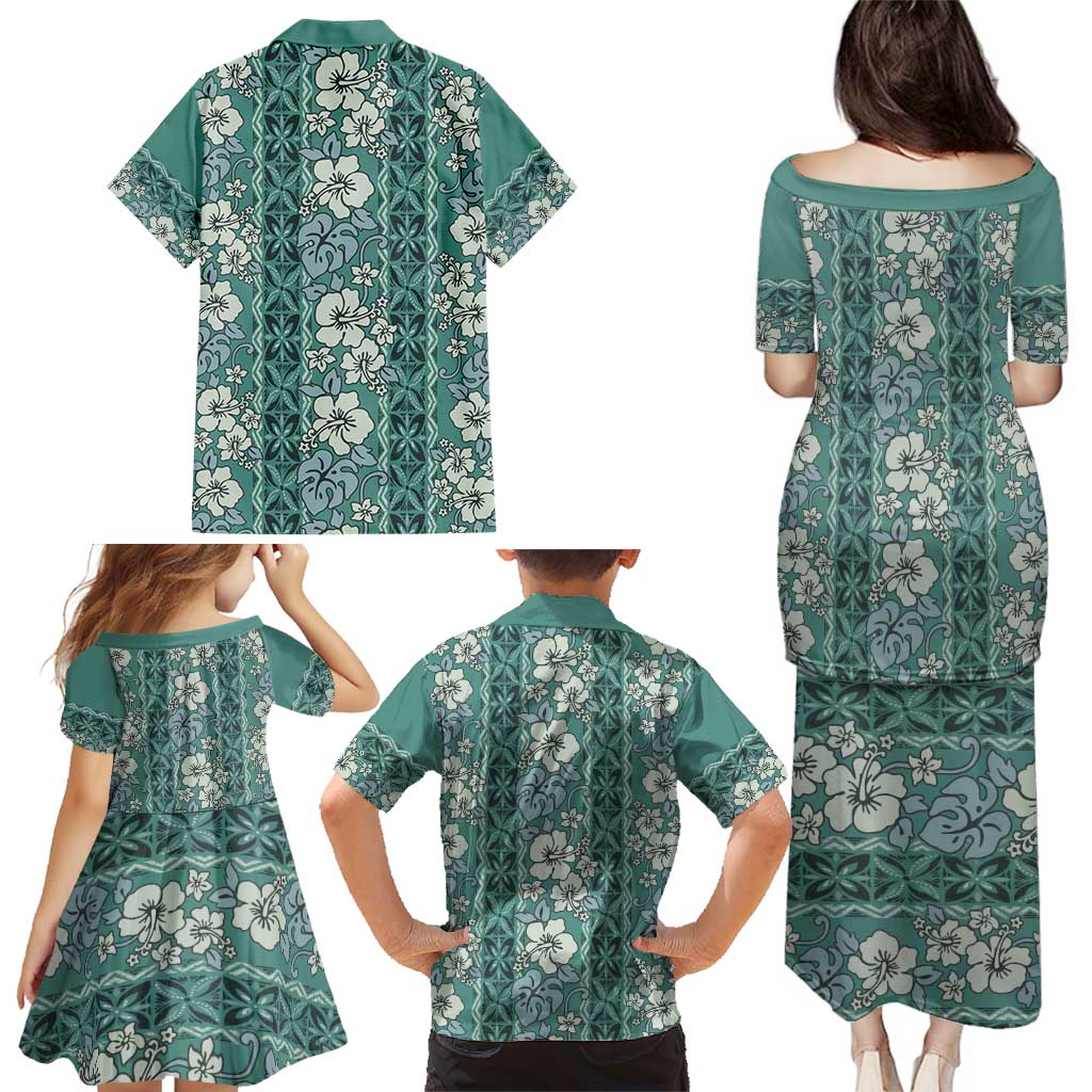 Hawaii Vintage Green Hibiscus Tapa Pattern Family Matching Puletasi and Hawaiian Shirt LT05 - Polynesian Pride